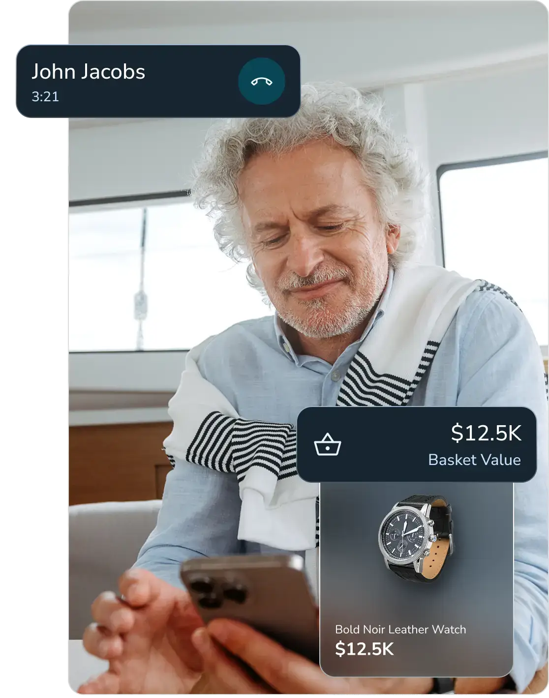 Older man with gray hair looks at a smartphone in a bright room, with a live-call banner and floating product cards.