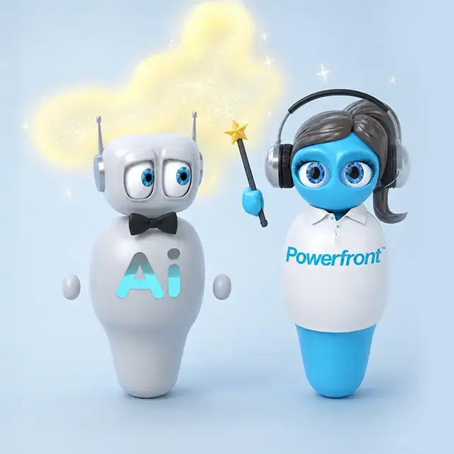 3D AI robot with a bow tie beside a blue Powerfront mascot wearing headphones, holding a wand with a star.