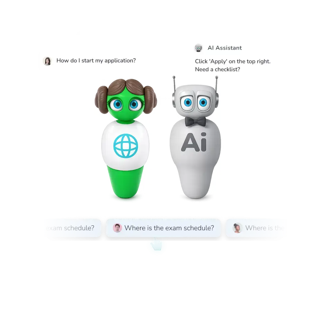 Green female mascot and white AI robot with chat bubbles about applications and schedules.