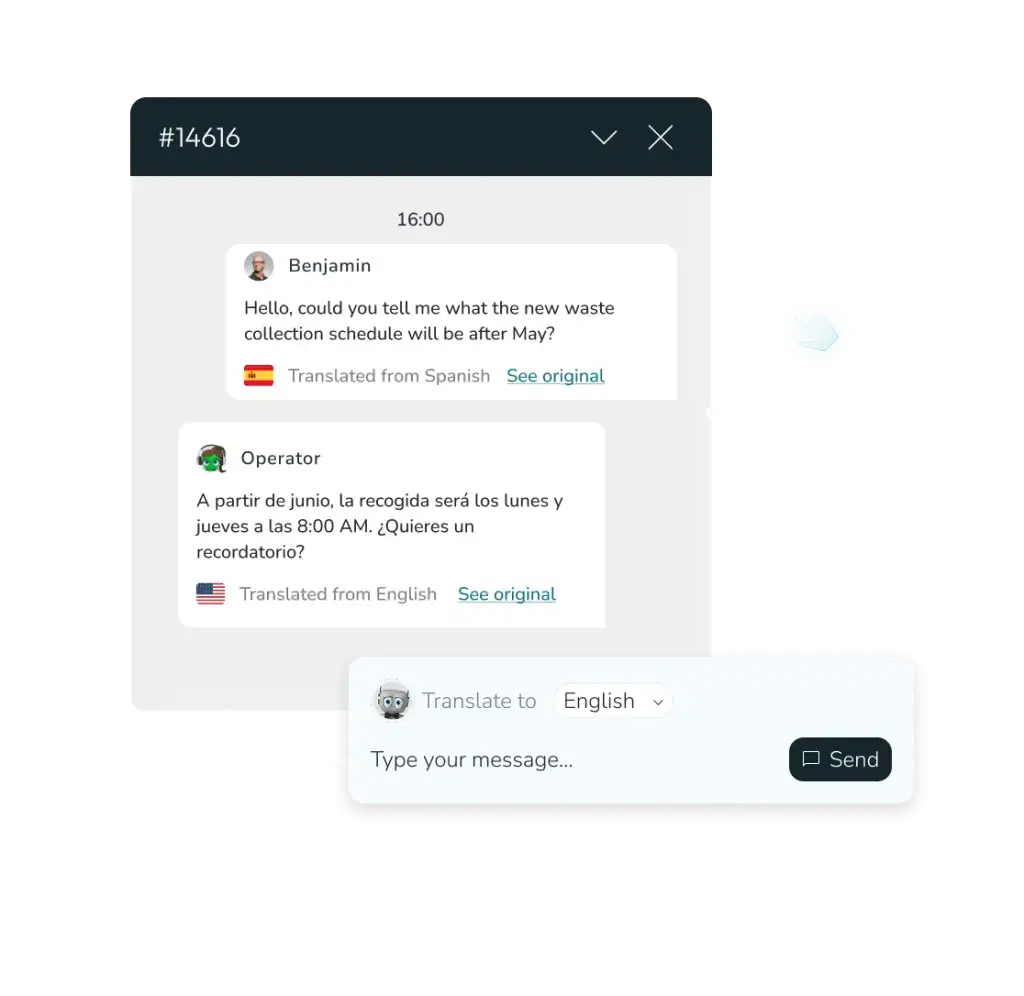 Chat translation UI showing messages translated between Spanish and English, with Translated from labels, See original links, and a bottom input bar.