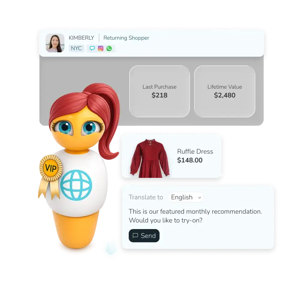 Animated shopping assistant with a VIP badge beside a dashboard showing last purchase and lifetime value, plus a red ruffle dress.