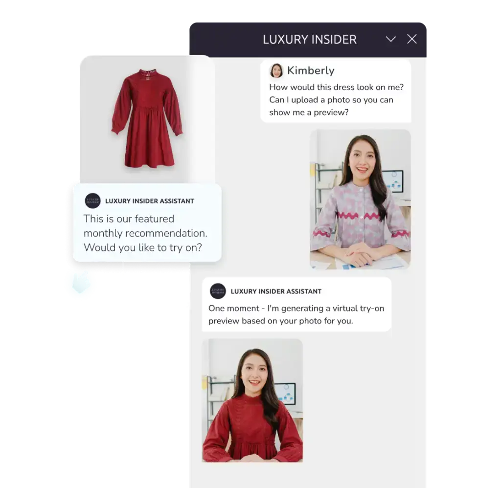 Red dress and a smiling woman in a pastel blouse shown in a Luxury Insider chat interface.