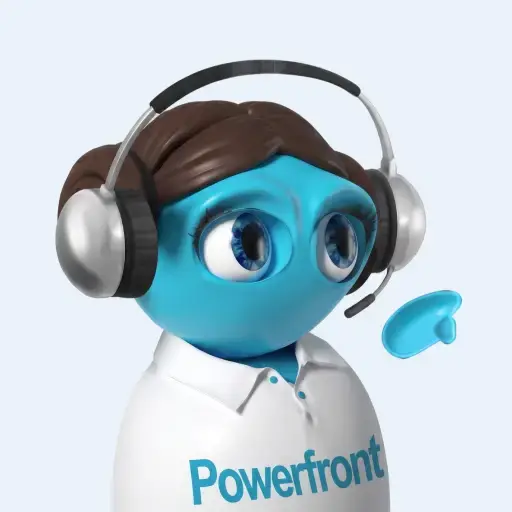 Blue cartoon character wearing a headset and Powerfront shirt, pointing.