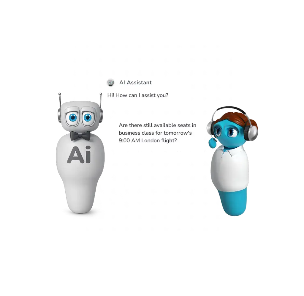 Two friendly AI assistant robots stand on either side of a white chat panel, discussing flight availability.