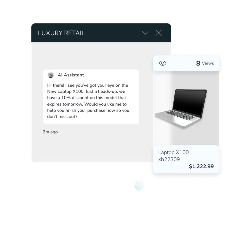 UI mockup of a luxury retail interface featuring an AI Assistant chat and a laptop product card showing 8 views.