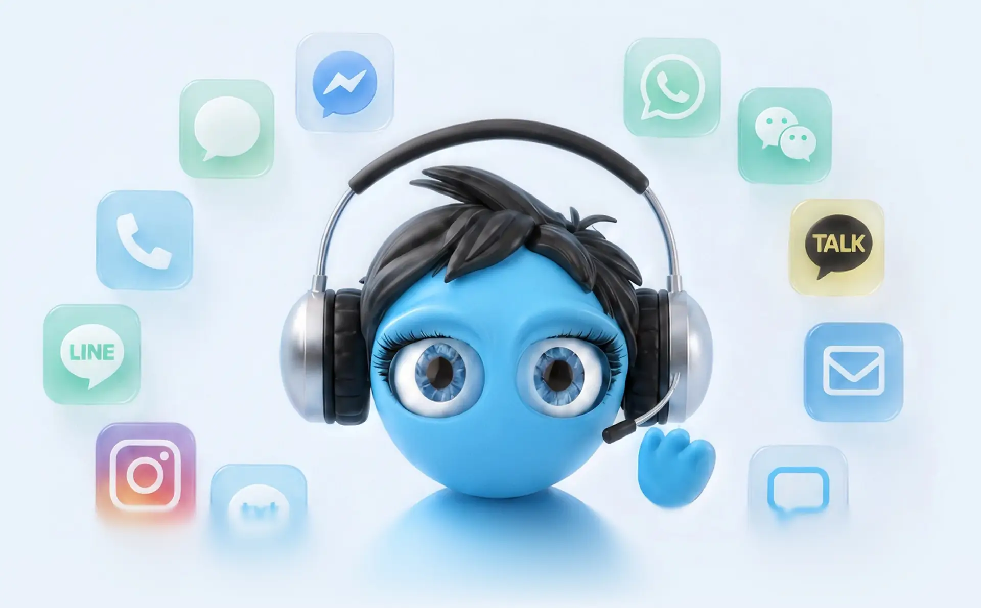 Blue 3D cartoon avatar wearing headphones, surrounded by social media icons.
